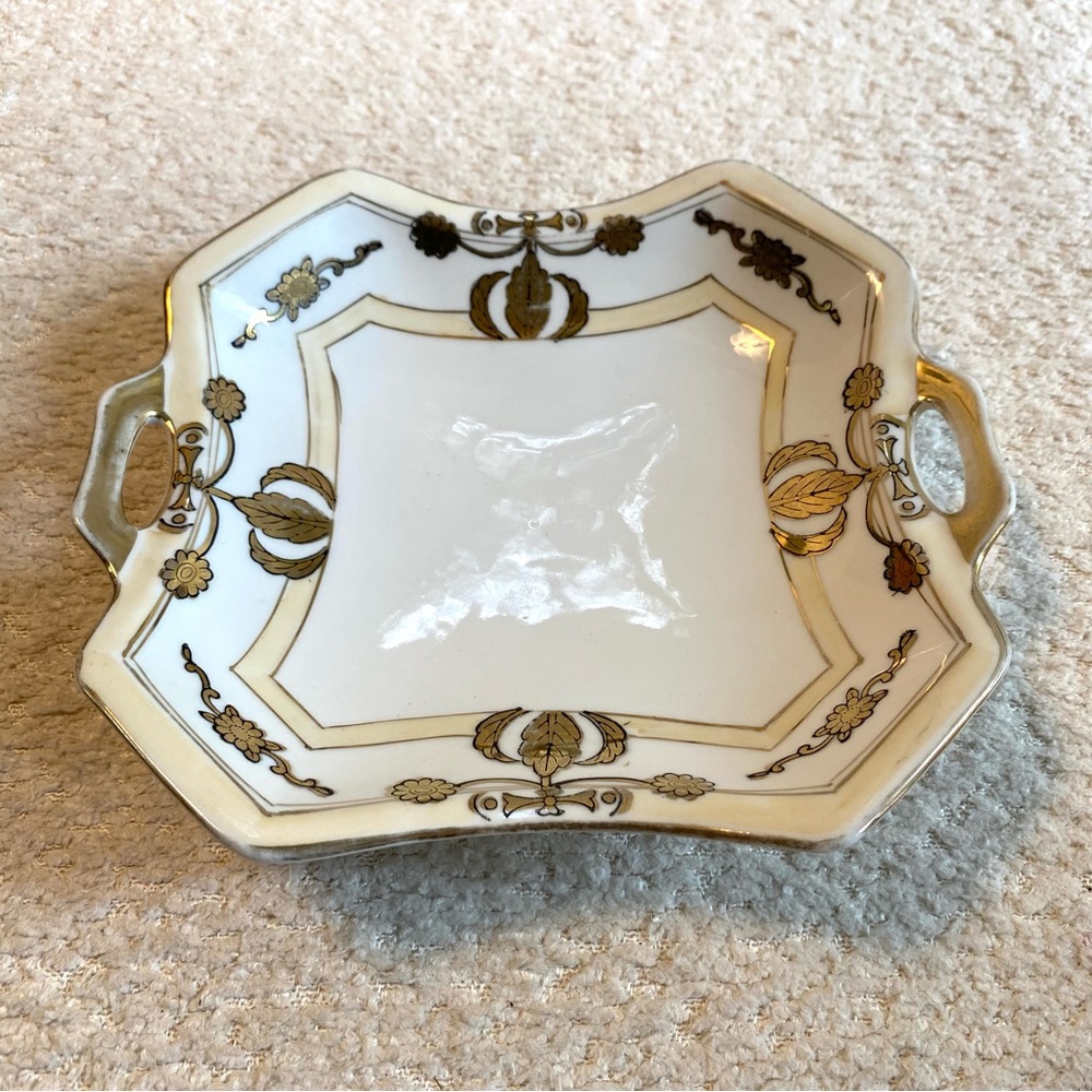 Vintage Nippon Hand Painted Tray Plate White Ornate Gold Scalloped Edge